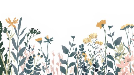 White Background Herbaceous and Floral Plants – a fresh and natural visual. The white background highlights the delicate details of herbaceous and floral plants, creating a clean and elegant botanical