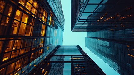 An awe inspiring view up at the city skyscrapers reflecting the sky creating a sense of urban wonder with dramatic
