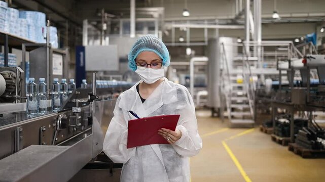 Female quality control inspector wearing protective clothing and mask writing notes on clipboard while inspecting production line in water bottling factory