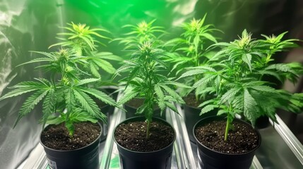 Fototapeta premium Lush Indoor Cannabis Garden with Thriving Sativa Strains Under Intense Grow Lights and Care
