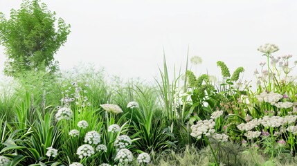 Naklejka premium White Background Herbaceous and Floral Plants – a fresh and natural visual. The white background highlights the delicate details of herbaceous and floral plants, creating a clean and elegant botanical