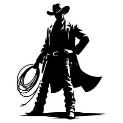 "Cowboy Silhouette Pictogram of a Man Standing with Rope in Hand, Capturing the Wild Spirit of Western Life in Minimalist Vector Style"