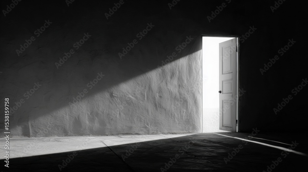 Poster unexpected door stands ajar in smooth white wall, revealing a shaft of light and creating a contrast
