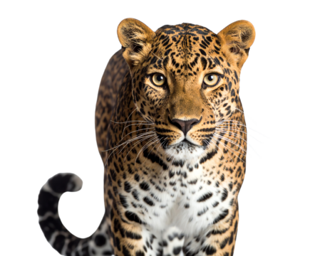 A majestic leopard with striking spots and gaze.