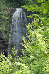 A High Waterfall in a Rocky Woodland Gorge.
