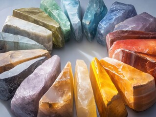 Colorful selection of natural crystals arranged in a circular pattern on a light surface showcasing their unique textures and hues