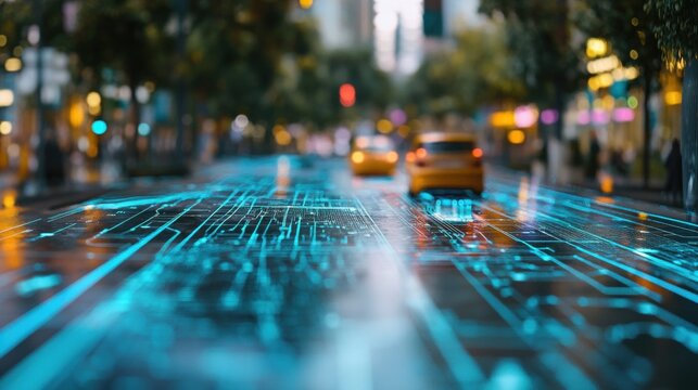 Digital Overlay on Urban Street with Blurred Vehicles