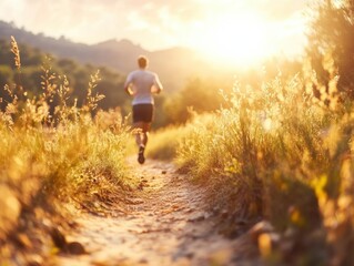 Runner enjoying a peaceful trail in nature during sunset near mountains