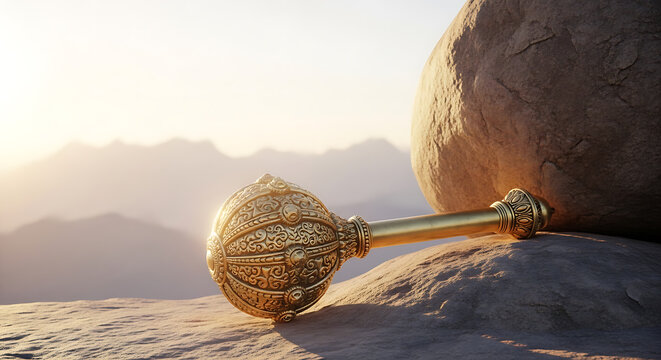 Hanuman's Gada: Emblem of Strength on a Mountain Peak