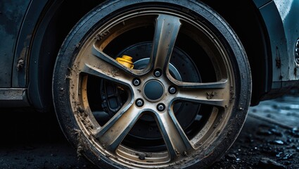 Alloy wheel showing dirt and oil. A close-up view of a wheel coated with dust and grime. Positive and adventurous vibe. Selective focus.