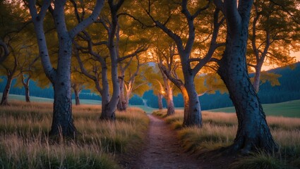 Alpine grove at dusk with trees and a path in a serene landscape.