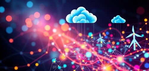 Abstract big data network infographic with cloud computing, security, and renewable energy elements,  server,  information technology