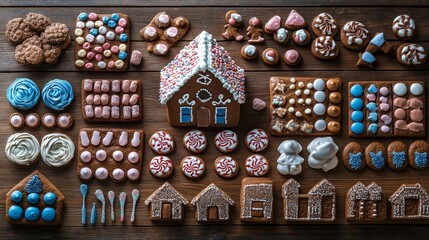 dynamic flat-lay of gingerbread houses, candy decorations, and icing tools arranged creatively on a rustic wooden surface, Generative AI