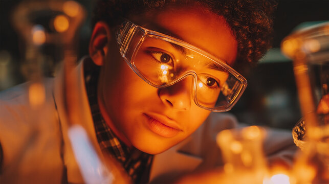 A young boy wearing a lab coat and goggles is looking at a beaker