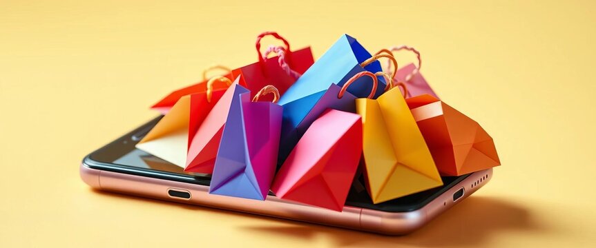 A smartphone overflowing with shopping bags, illustrating online sale addiction, addiction, spending