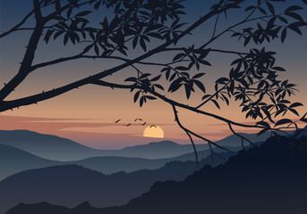 A stunning vector illustration of layered mountains at sunset from an aerial view, bathed in vibrant dusk colors with a striking tree branch silhouette in the foreground.