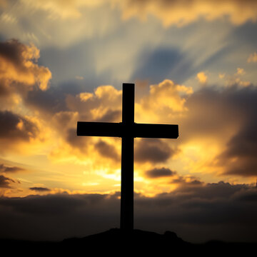 A stark, solitary cross silhouette against a dramatic sky, evoking spirituality and faith, capturing a symbol of hope, spirituality, faith, and redemption.