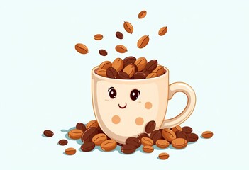 Obraz premium Whimsical cartoon coffee cup overflowing with beans, vibrant colors, playful style, coffee beans, cafe