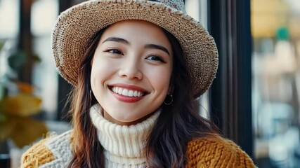 Happy young woman smiling in cafe portrait