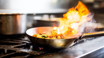 Professional cooking with fire flame and dynamic culinary action