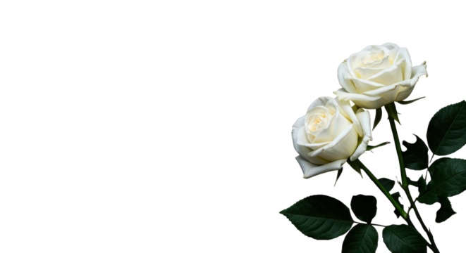 Two white roses with green leaves isolated on transparent background