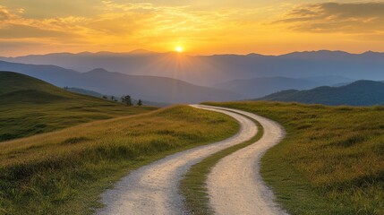 A tranquil image of a winding mountain road during the golden hour, with soft light illuminating the landscape and creating a warm, inviting scene.