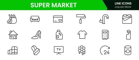 Vibrant vector web line icons depicting supermarket essentials, groceries, carts, checkout, and retail for seamless shopping experiences.