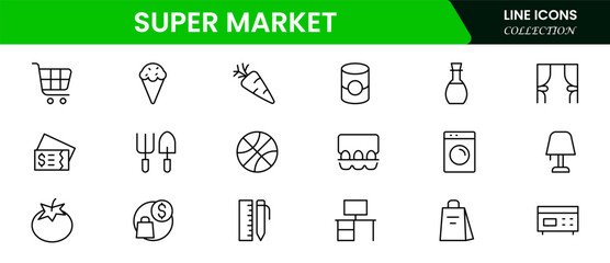 Vibrant vector web line icons depicting supermarket essentials, groceries, carts, checkout, and retail for seamless shopping experiences.