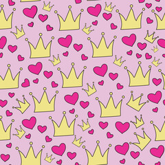 Kids Textile Pattern Design. Girly Queen Print. Crown and Hearts.