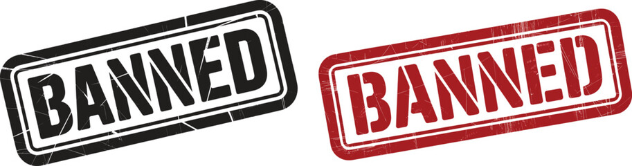 A red rectangular stamp with rounded corners displaying the word banned in a white sans serif font