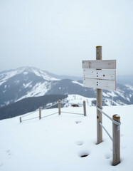 Naklejka premium A signpost stands in the foreground, guiding explorers toward Snow Mountain North, surrounded by pristine snow and a collection of majestic peaks under a pale sky Generative AI