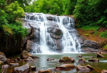 Obraz premium Upper Catabwa Falls cascading over rocks, lush green vegetation, environment, plant