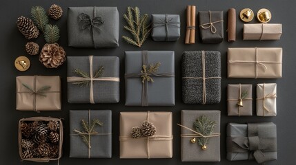 flat-lay of wrapped holiday gifts arranged in neat stacks, decorated with ribbons, pinecones, and tiny gold bells, Generative AI
