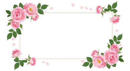 Pink roses and green leaves decorate a rectangular frame isolated on transparent background
