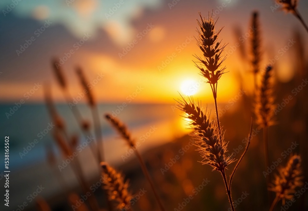 Poster vibrant golden hues fill the sky as the sun sets, casting warm light on beach grass swaying gently i