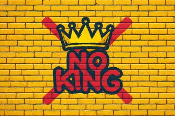 A vibrant mural on a yellow brick wall displays the slogan 'NO KING' with a crossed crown symbol. The artwork reflects protest sentiments against political policies.