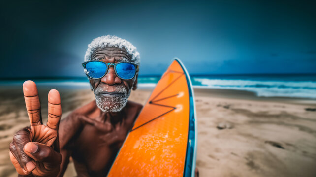 Portrait of elderly surfer in sunny glasses with board posing on beach background, sport and all ages concept, health and active old age - Powered by Adobe
