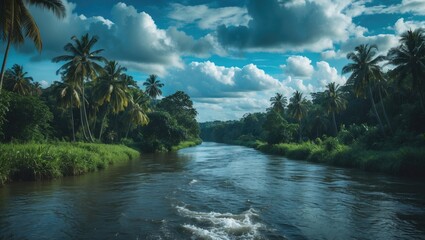 Fototapeta premium Scenery Background with river through the jungles, blue sky with clouds, and copy space for text