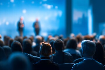 Business and entrepreneurship symposium. Speaker giving a talk at business meeting. Audience in the conference hall. Rear view of unrecognized participant in audience