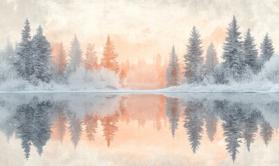 Fototapeta premium serene depiction of a frozen lake reflecting the orange and pink hues of a winter sunset, surrounded by frosted pines, Generative AI