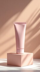 Pink cosmetic tube on minimalist display platform