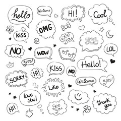 Hand-drawn doodle speech bubble vector icons set for text design and comic illustration