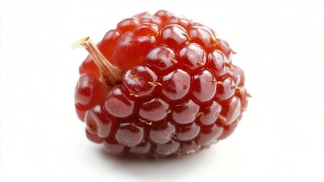 Close-up of a ripe raspberry showcasing its vibrant color and textured surface against a white background