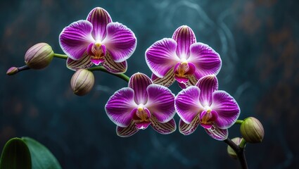 A sprig of pink Orchid flowers with white edges and unopened buds.