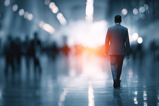 Blur background of businessman walking at corridor in convention hall, business office building hall way background. High quality