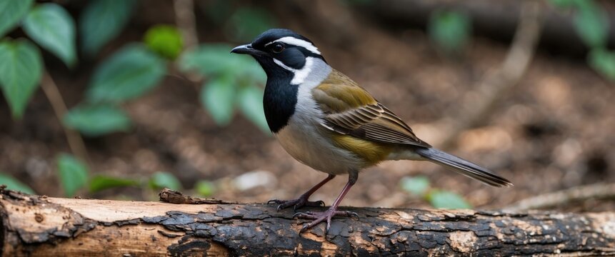 Beautiful streak-eared bulbul perched on the log with empty space for text