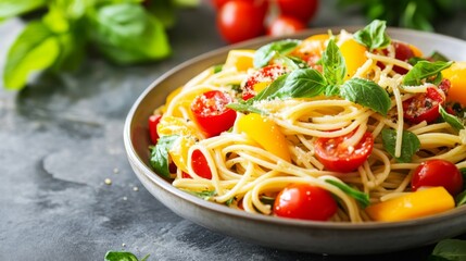 A vibrant image of a bowl of spaghetti with a variety of colorful vegetables, like bell peppers and cherry tomatoes, tossed in a light vinaigrette.