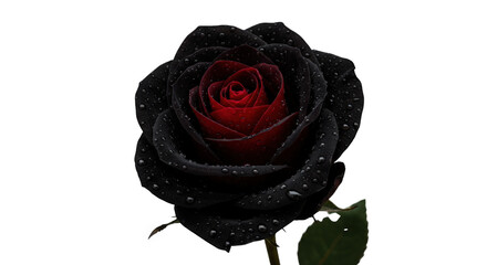 Black rose with red center isolated on transparent background covered in water droplets