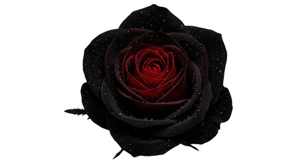A striking black rose with a deep red center isolated on transparent background showcases its velvety petals adorned with delicate water droplets