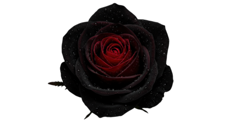 A striking black rose with a deep red center isolated on transparent background showcases its velvety petals adorned with delicate water droplets